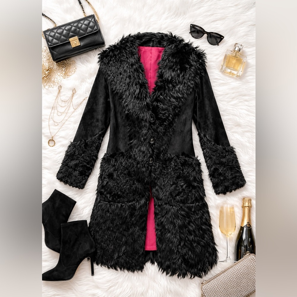Black Fur Leather Chic Layering Coat M/L NWT High End Designer Statement Luxury - Picture 10 of 14